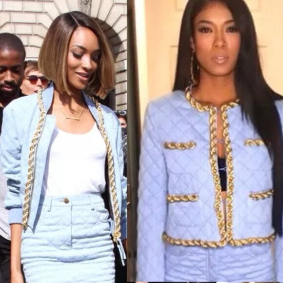 MOSCHINO COUTURE LIGHT WASH FADED DENIM QUILT GOLD CHAIN JACKET IT44 USA 10 - Picture 2 of 15